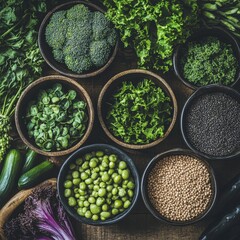 Variety of Green Vegetables and Seeds in Bowls