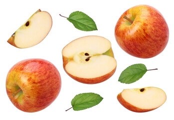 Close-up, red apple (Envy Apple), half, slice and leaves isolated, fresh red apple, transparent PNG, PNG format