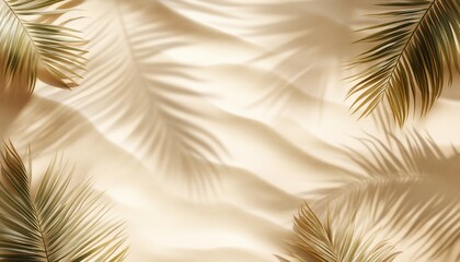 Palm leaves cast shadows on beige sand background.