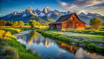 Naklejka premium Rustic Barn by Creek, Teton Mountains Sunrise - Scenic Wyoming Landscape