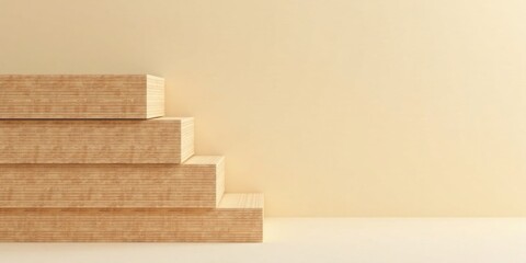 A minimalist arrangement of stacked wooden blocks against a muted beige backdrop, perfect for showcasing products or creating a serene aesthetic.