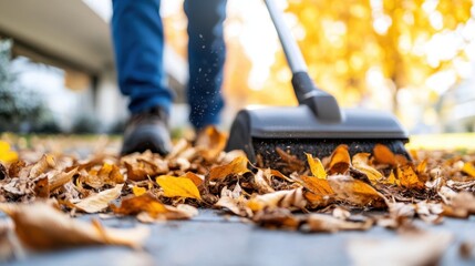 Cleaning up autumn leaves with a garden vacuum on a sunny day