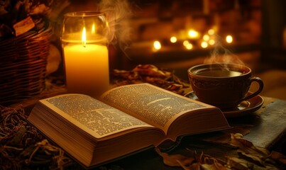 Book is open on a table with a cup of coffee next to it. The book is a novel and the coffee is a hot beverage. The scene is cozy and inviting, with the candlelight adding to the