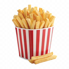 abstract 3d crispy French fries in striped container or red bucket isolated on white background