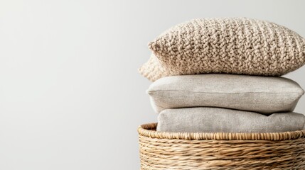 Obraz premium A cozy arrangement of stacked blankets in neutral tones, resting in a woven basket against a minimalist backdrop.
