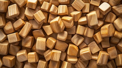 Close-up view of numerous light brown, small, polished wooden cubes.