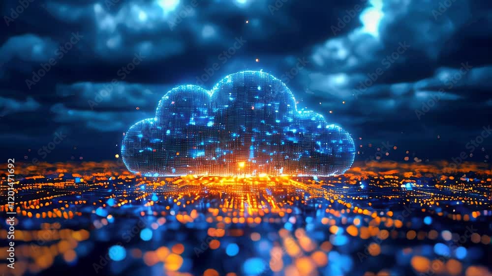 Poster abstract glowing orange cloud symbol over circuit board, representing cloud computing and digital da