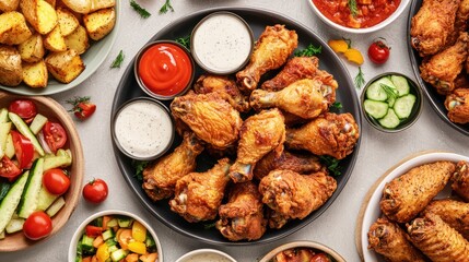 Fototapeta premium A vibrant spread featuring crispy chicken drumsticks, dipping sauces, and fresh sides, perfect for gatherings and celebrations, Metabolic Syndrome, Junk foods.