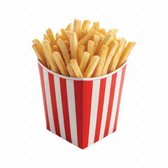 abstract 3d crispy French fries in striped container or red bucket isolated on white background