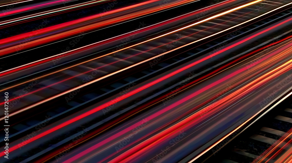 Poster dynamic abstract image of red and orange light trails streaking across dark railway tracks. perfect 