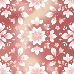 All around, a floral decorative pattern in white and pastel pink tones, symmetrical and harmonious, with a soft background in gradient colors between beige and light pink.