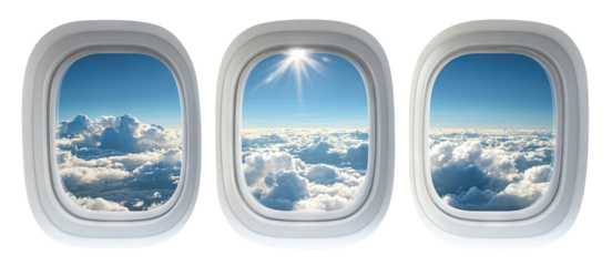 Airplane windows framing a peaceful cloudscape, ideal for aviation or wanderlust designs, isolated on transparent cutout background