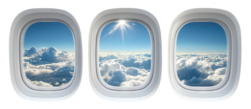 Airplane windows framing a peaceful cloudscape, ideal for aviation or wanderlust designs, isolated on transparent cutout background - Powered by Adobe
