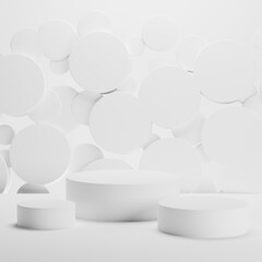 Set of three white round podiums on abstract stage, mockup. Flying circles decor. Template 3D illustration contemporary scene for presentation cosmetic products, goods, advertising, design, sale.