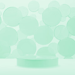 Mint green glass shining round podium, abstract stage mockup. Flying circles pattern. Template 3D illustration sweet, purity, airy scene for presentation cosmetic products, goods, advertising, design.