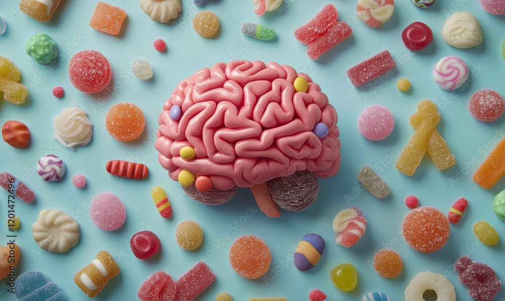 Poster brain made of candy is surrounded by a variety of colorful candies. the image conveys a playful and 