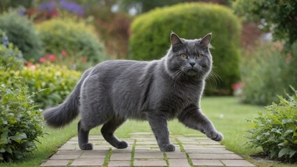 Blue british longhair cat in the garden