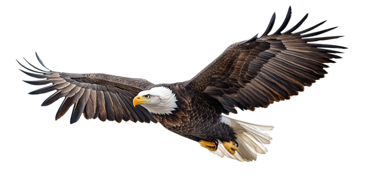 Bald eagle in mid-flight, isolated on transparent cutout background
