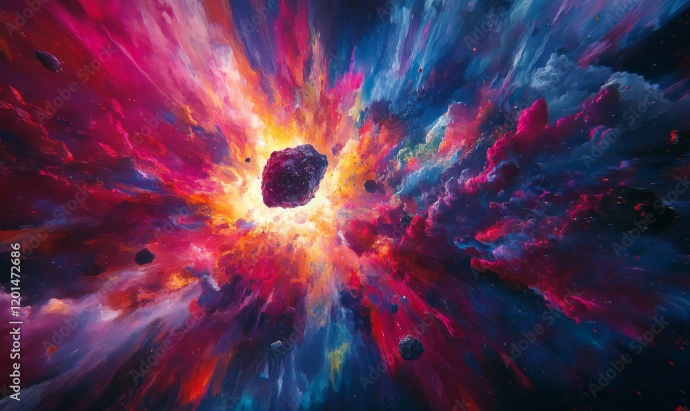 Poster an awe-inspiring illustration of an asteroid colliding with a celestial body, causing a spectacular 