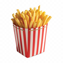 abstract 3d crispy French fries in striped container or red bucket isolated on white background