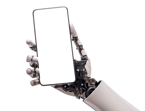Robotic hand holding a blank smartphone, isolated on transparent cutout background
