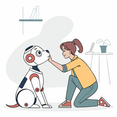 A futuristic robot pet interacting with a human