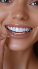 Fototapeta premium Woman flossing her teeth with bright smile.
