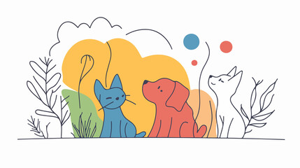 Continuous Line Art of Pets in Flat Vector Illustration