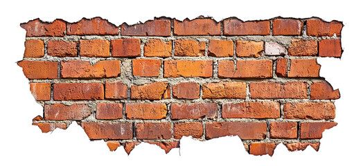 Cracked red brick wall fragment, isolated on transparent cutout background