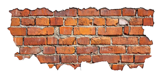 Cracked red brick wall fragment, isolated on transparent cutout background