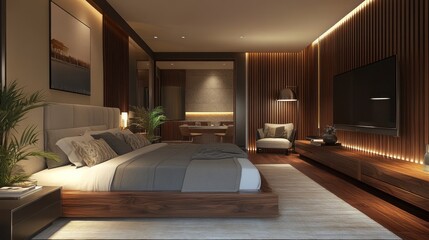 Modern Luxury Bedroom Interior Design: Sophisticated Wooden Accents and Tranquil Ambiance