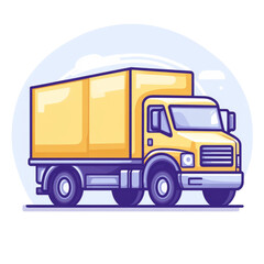 Naklejka premium Bright yellow delivery truck parked near a modern warehouse in an urban area during daytime hours