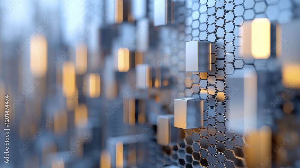 Poster modern metallic hexagonal pattern with reflective cubes and warm lighting