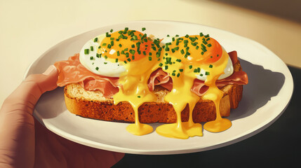 Breakfast, eggs benedict, eggs, fried eggs, bacon, cheese, junkie