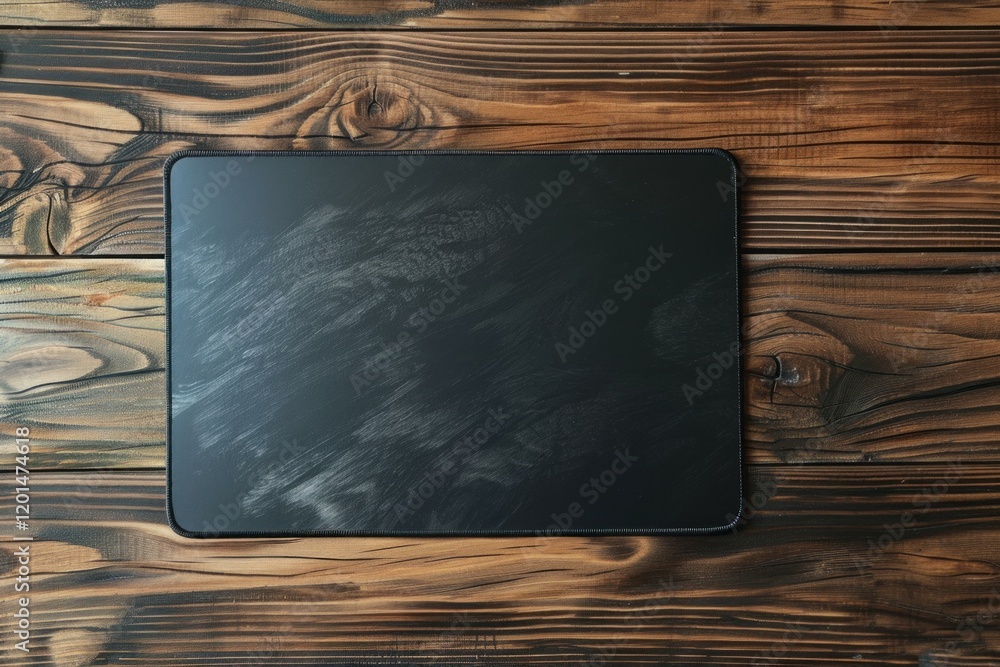 Poster black mousepad on a wooden table, setting up a modern workspace for digital tasks