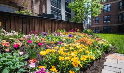 Fototapeta premium Brightly colored spring flowers bloom in a garden bed