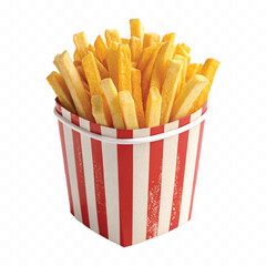 abstract 3d crispy French fries in striped container or red bucket isolated on white background