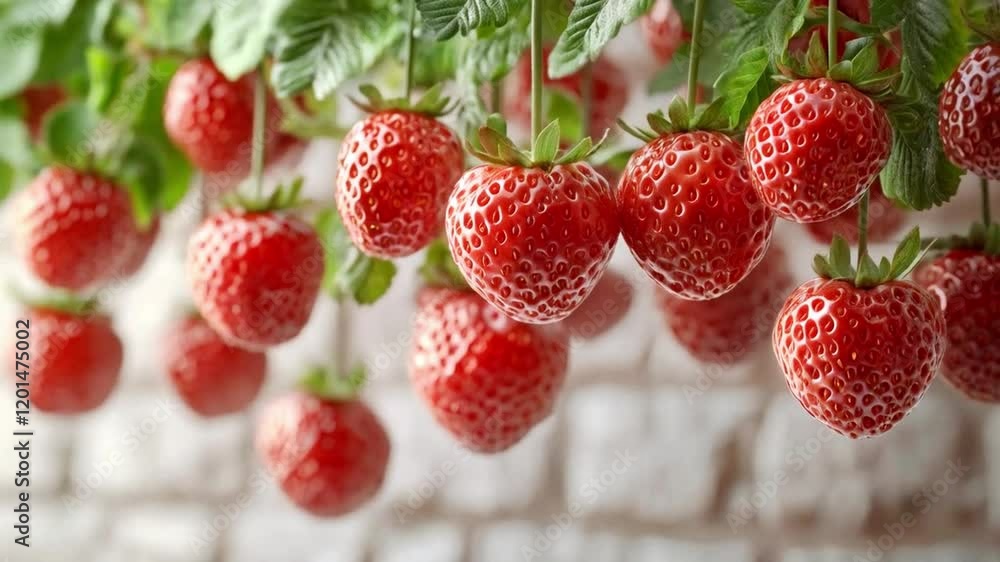 Poster strawberries dangle from green leaves in a garden. their bright red color and shiny texture create a