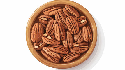 Top View Wooden Bowl Filled with Pecans Nuts Vector Illustration