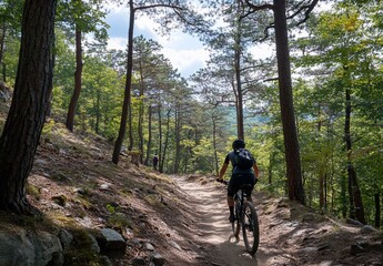 Fototapeta premium Mountain biker rides a trail through a sun-dappled forest.