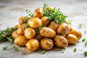 Rustic Still Life: Potatoes and Thyme Herbs on White Background - Fresh Farm Produce