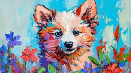 Colorful painting of a cute puppy surrounded by vibrant flowers.