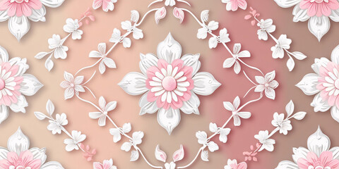 All around, a floral decorative pattern in white and pastel pink tones, symmetrical and harmonious, with a soft background in gradient colors between beige and light pink.