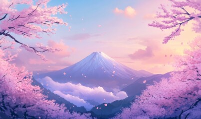 Cherry blossoms and Fuji mountain in spring at sunrise, Shizuoka in Japan.