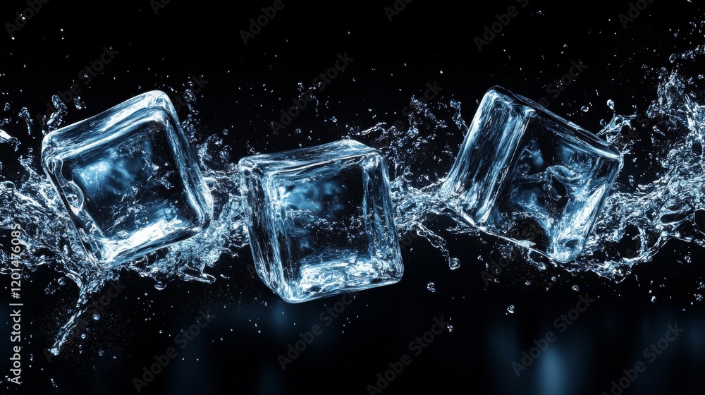 Poster futuristic abstract scene with metallic ice cubes and dynamic motion on a black background