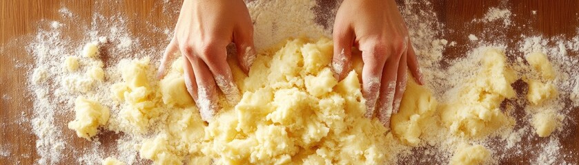 Hands kneading dough on wood, flour background. Recipe prep