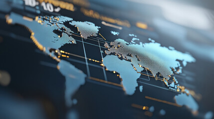 Digital world map with data connections and global finance elements