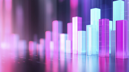Glowing 3D financial bars in vibrant colors represent data trends and growth