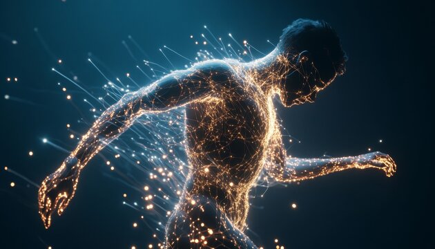 Dynamic human figure with glowing neural connections and energy flow in dark blue background