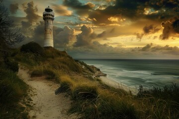White lighthouse standing on grassy cliff overlooking ocean waves and sandy beach at golden sunset with dramatic clouds